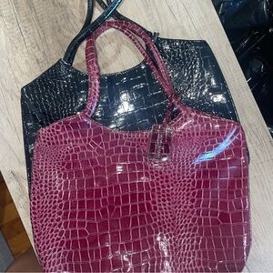 Neiman Marcus Black and Pink Tote Bag with Croc-Embossed Design